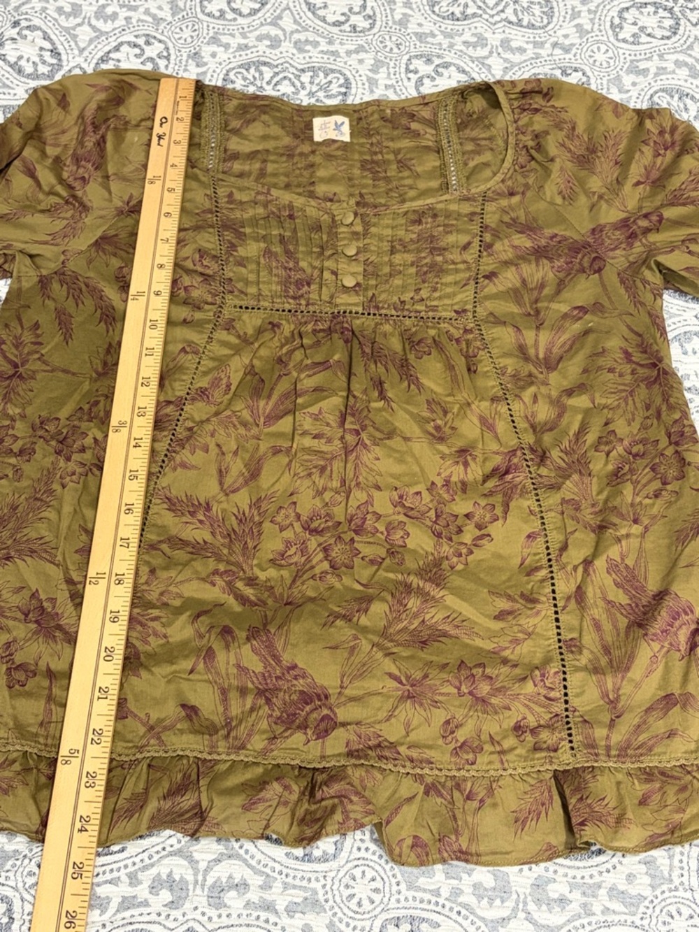 Anthropologie Edme & Esyllte Peasant Green Birds Toile Pintuck Blouse Medium - Picture 7 of 11